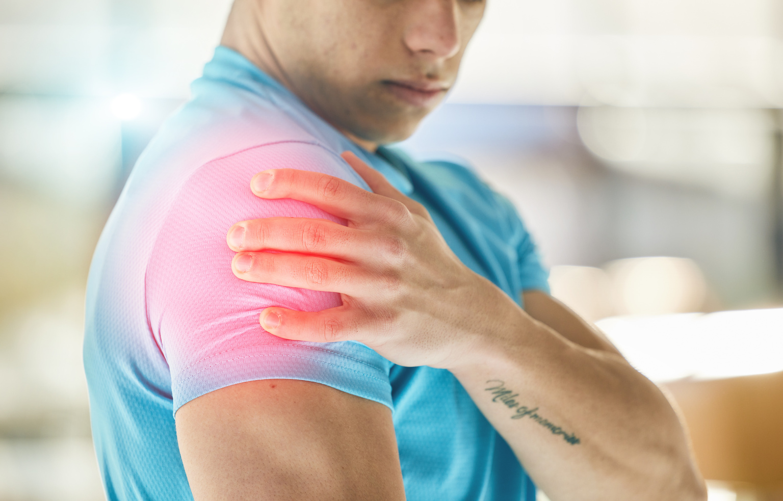 Hands, Fitness Injury and Shoulder Pain in Gym after Accident, Workout or Training Exercise. Sports, Health and Athlete Man with Fibromyalgia, Inflammation or Painful Arm, Arthritis or Tendinitis.